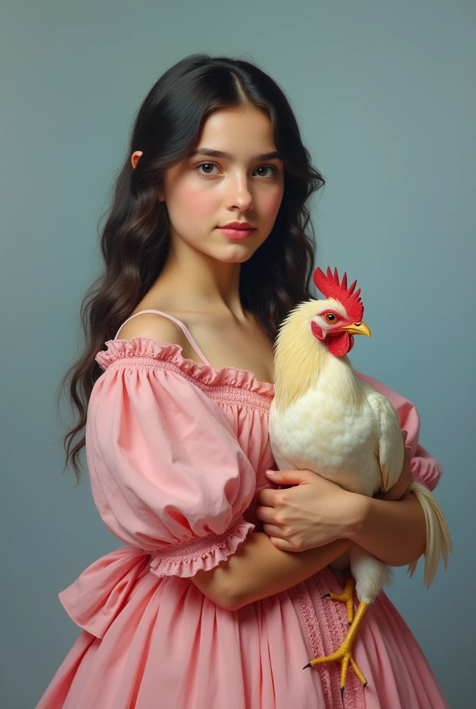 Portrait of a Argentinian girl, with a pink dress, holding a chicken; with a style of 19th century noble portraits, with a light blue background.