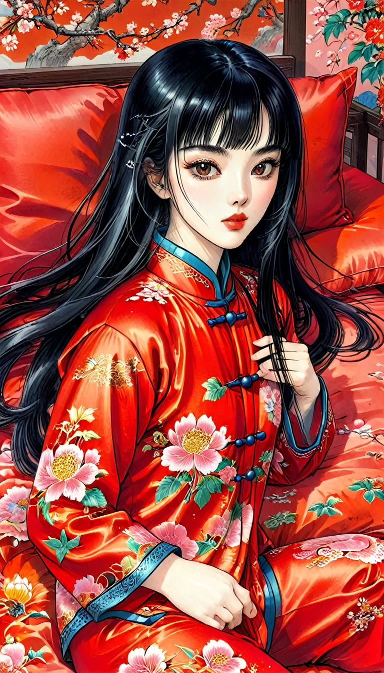 One woman　She is a beautiful 1 Chinese kung fu princess with long black hair.　Gorgeous embroidery, Ultra glossy, She is wearing shiny red long sleeve floral pajamas....　After being subjected to intense sexual acts for the sake of procreation, she is laid down on a red futon and sleeps, exhausted.　She spread her legs wide and cum spilled out of her hairy pussy.　aftersex