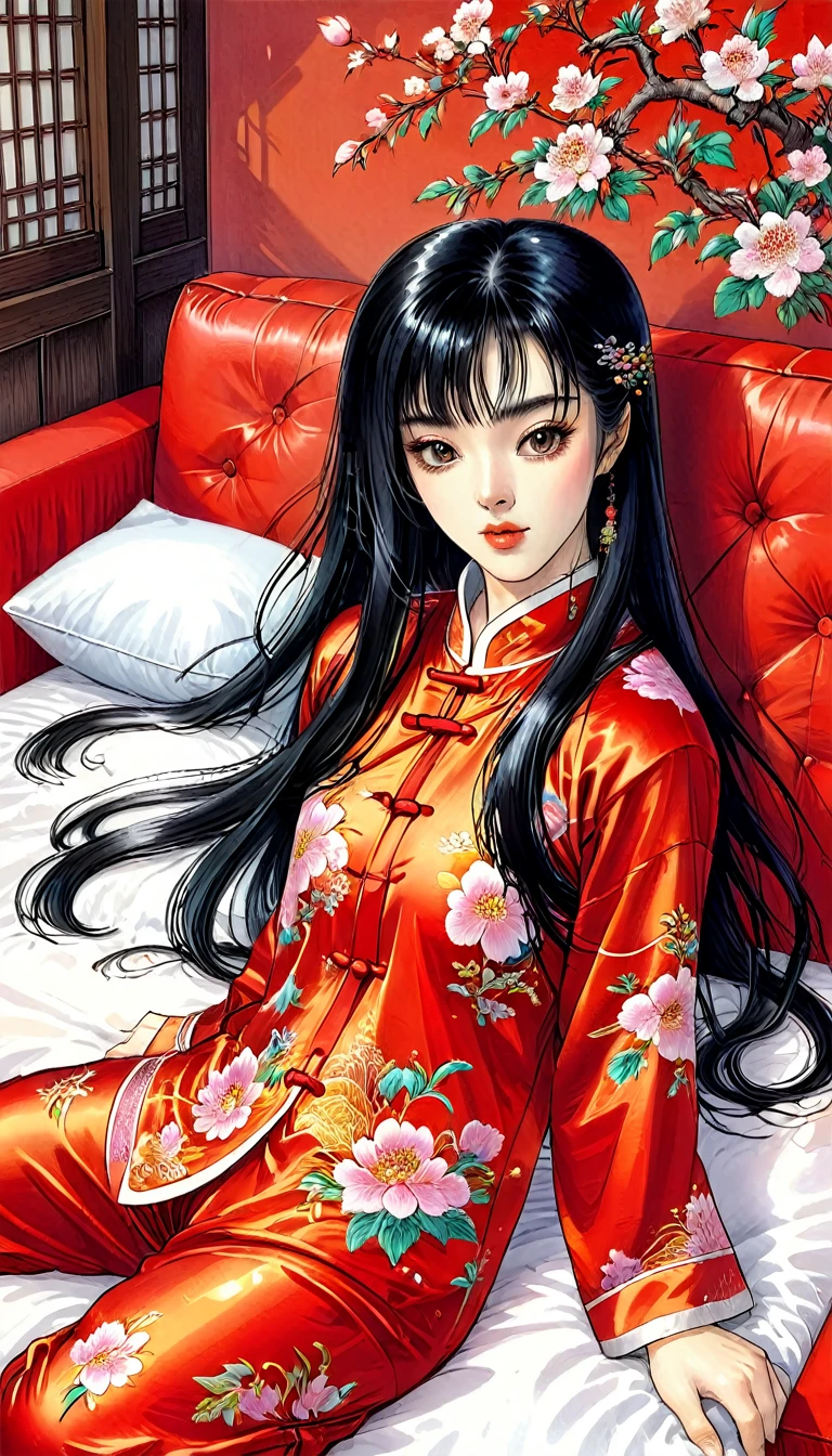 One woman　She is a beautiful 1 Chinese kung fu princess with long black hair.　Gorgeous embroidery, Ultra glossy, She is wearing shiny red long sleeve floral pajamas....　After being subjected to intense sexual acts for the sake of procreation, she is laid down on a red futon and sleeps, exhausted.　She spread her legs wide and cum spilled out of her hairy pussy.　aftersex