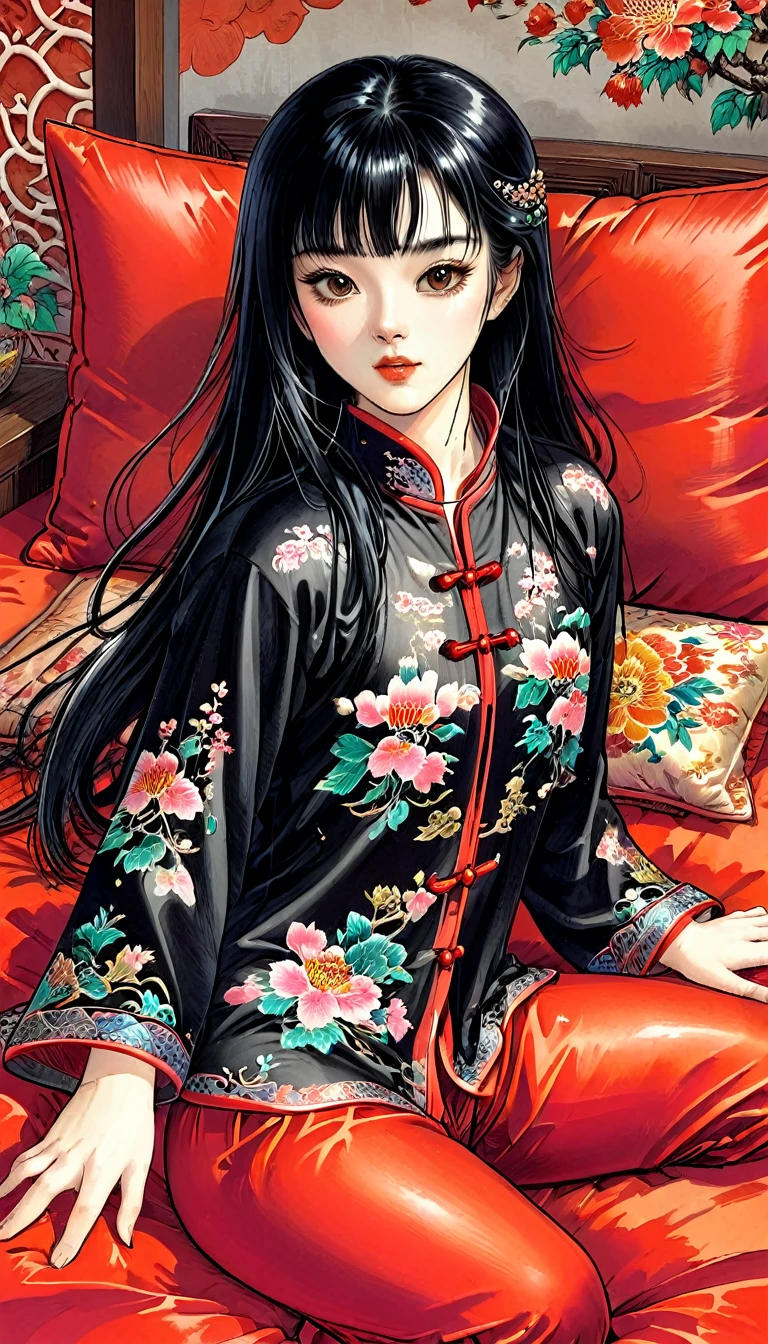 One woman　She is a beautiful 1 Chinese kung fu princess with long black hair.　Gorgeous embroidery, Ultra glossy, She is wearing shiny red long sleeve floral pajamas....　After being subjected to intense sexual acts for the sake of procreation, she is laid down on a red futon and sleeps, exhausted.　She spread her legs wide and cum spilled out of her hairy pussy.　aftersex