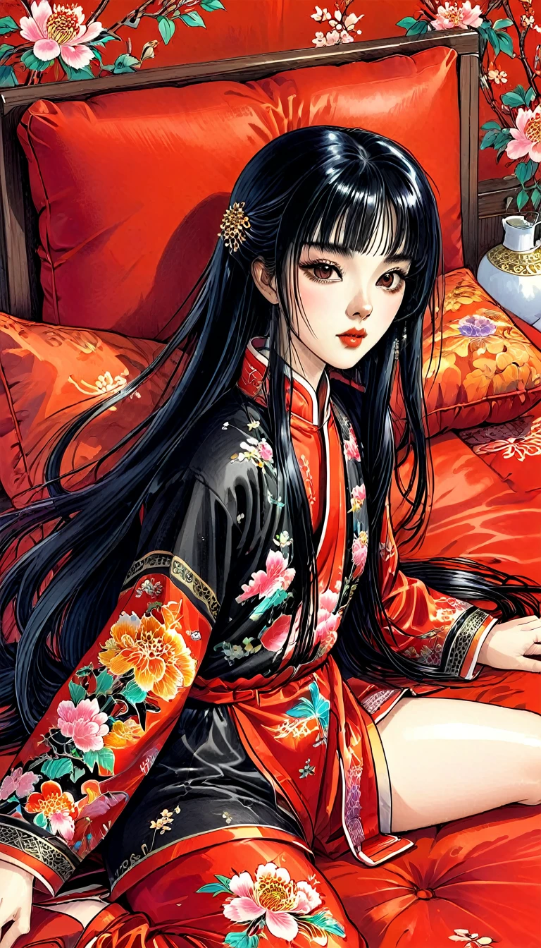 One woman　She is a beautiful 1 Chinese kung fu princess with long black hair.　Gorgeous embroidery, Ultra glossy, She is wearing shiny red long sleeve floral pajamas....　After being subjected to intense sexual acts for the sake of procreation, she is laid down on a red futon and sleeps, exhausted.　She spread her legs wide and cum spilled out of her hairy pussy.　aftersex