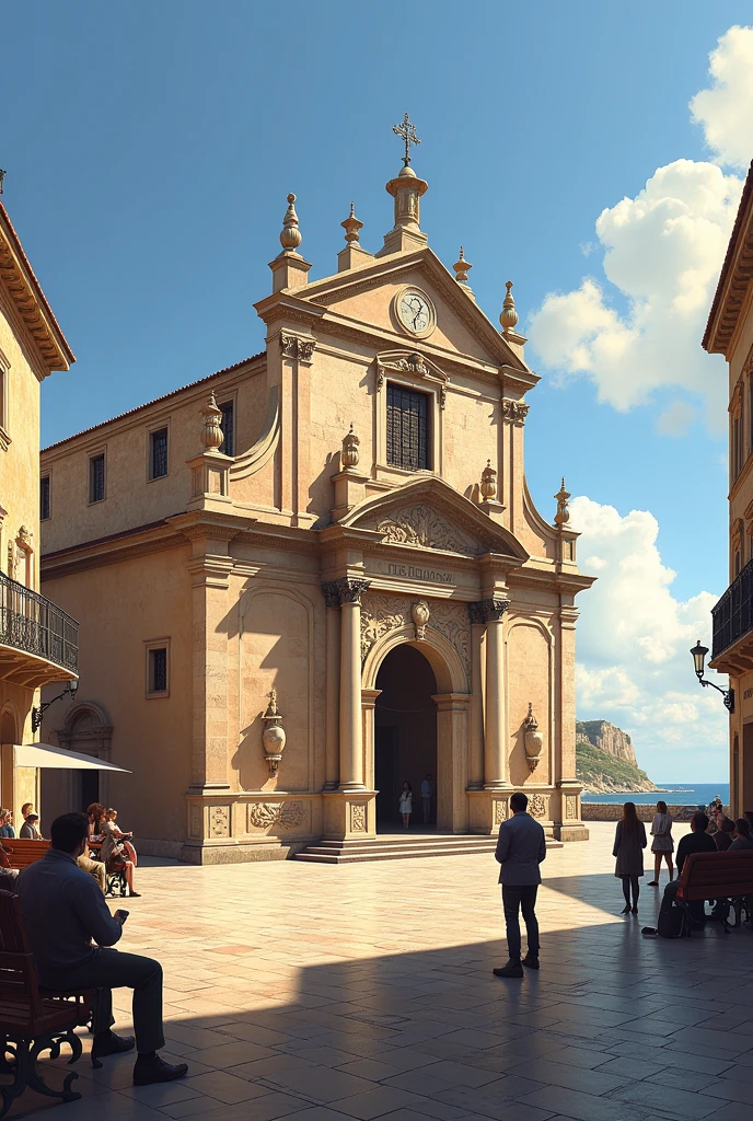 "Create a realistic image of Bari, Italy, focusing on the historic Basilica of San Nicola. The scene should capture the basilica's impressive Romanesque architecture with its intricate stonework and large arched entrance. In front of the basilica, depict a lively piazza with locals and tourists, some sitting on benches or taking photos. The sky is clear with warm sunlight casting long shadows, highlighting the ancient stones of the building. In the background, include glimpses of the Adriatic Sea and part of the old city walls."