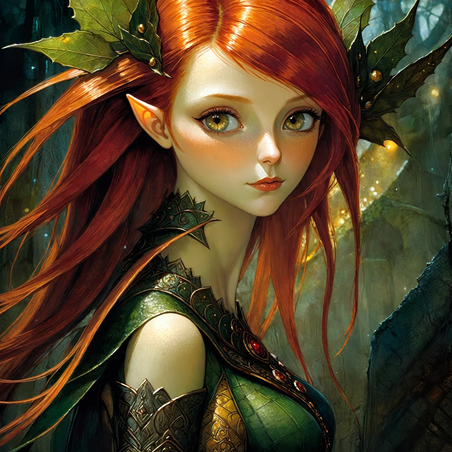 a beautiful detailed oil painting alluring highly detailed close-up portrait of beautiful elf girl with red hair wearing a fantasy outfit, inspired by the work of Dave McKean, intricate details, dramatic lighting, surreal fantasy scene, cinematic composition, moody and atmospheric, rich color palette, chiaroscuro lighting, highly detailed and realistic, digital art, concept art, award-winning, masterpiece