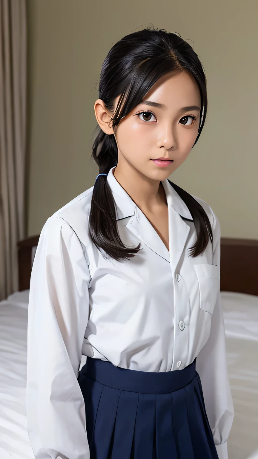 Highest quality、Realistic、、zoom、Primary school students、、look up、cute、Light grey eyes、Black Hair、Long ponytail、Tanned brown skin、Dark Skin、White shirt、Navy Blue Skirt、Flat Chest、Bust Shot、thin、bed