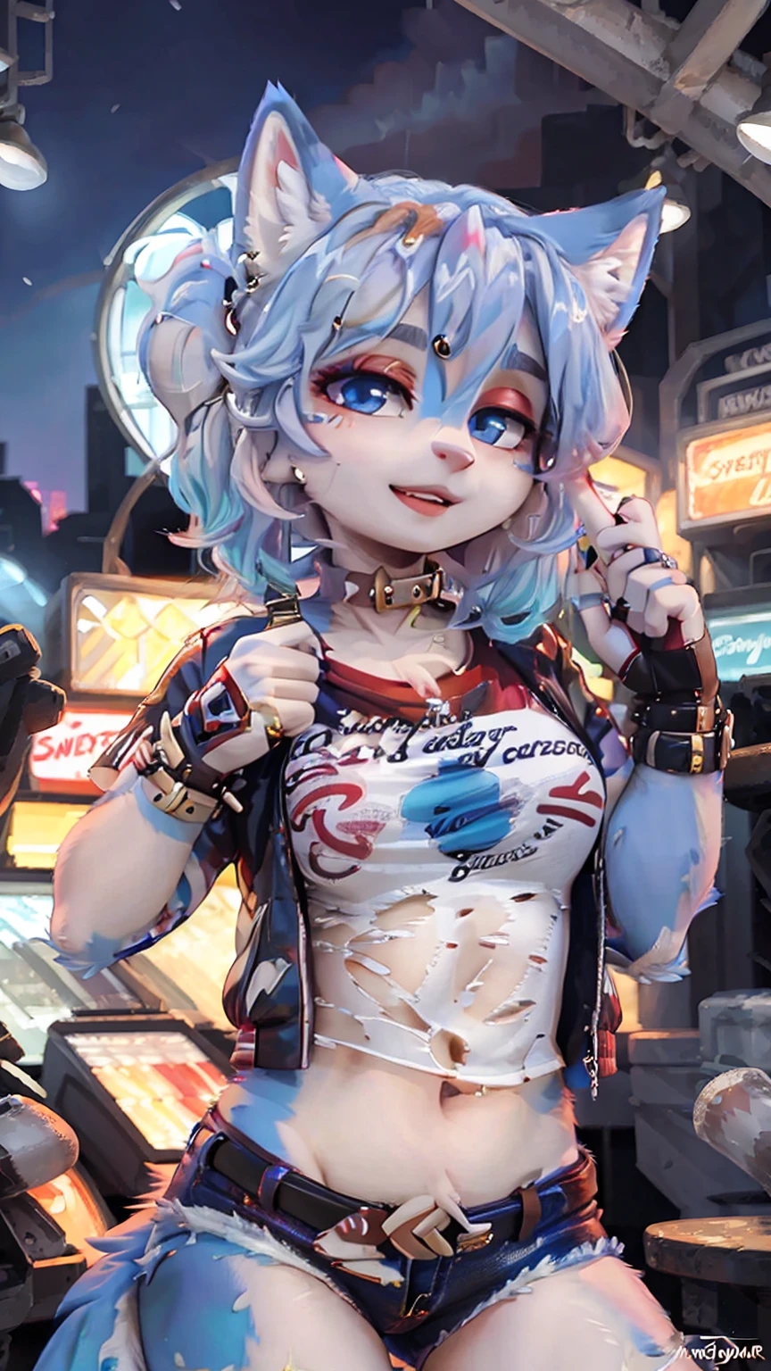 A beautiful and detailed (cute portrait) wa ((krystal)), Star Fox krystal, sslim, lovable, green eyes, medium breasts, (((Long blue hair 1.3))), Decollete, anthro, furry, Uploaded E621, detailed fluffy fur, (wa Fluff-Kevlar, Bayard Wu, Pino Daeni), detailed face, (fluffy), 1 girl, alone, sweet girl, hole body, ((( torn t-shirt))), hotpants, leather jacket,