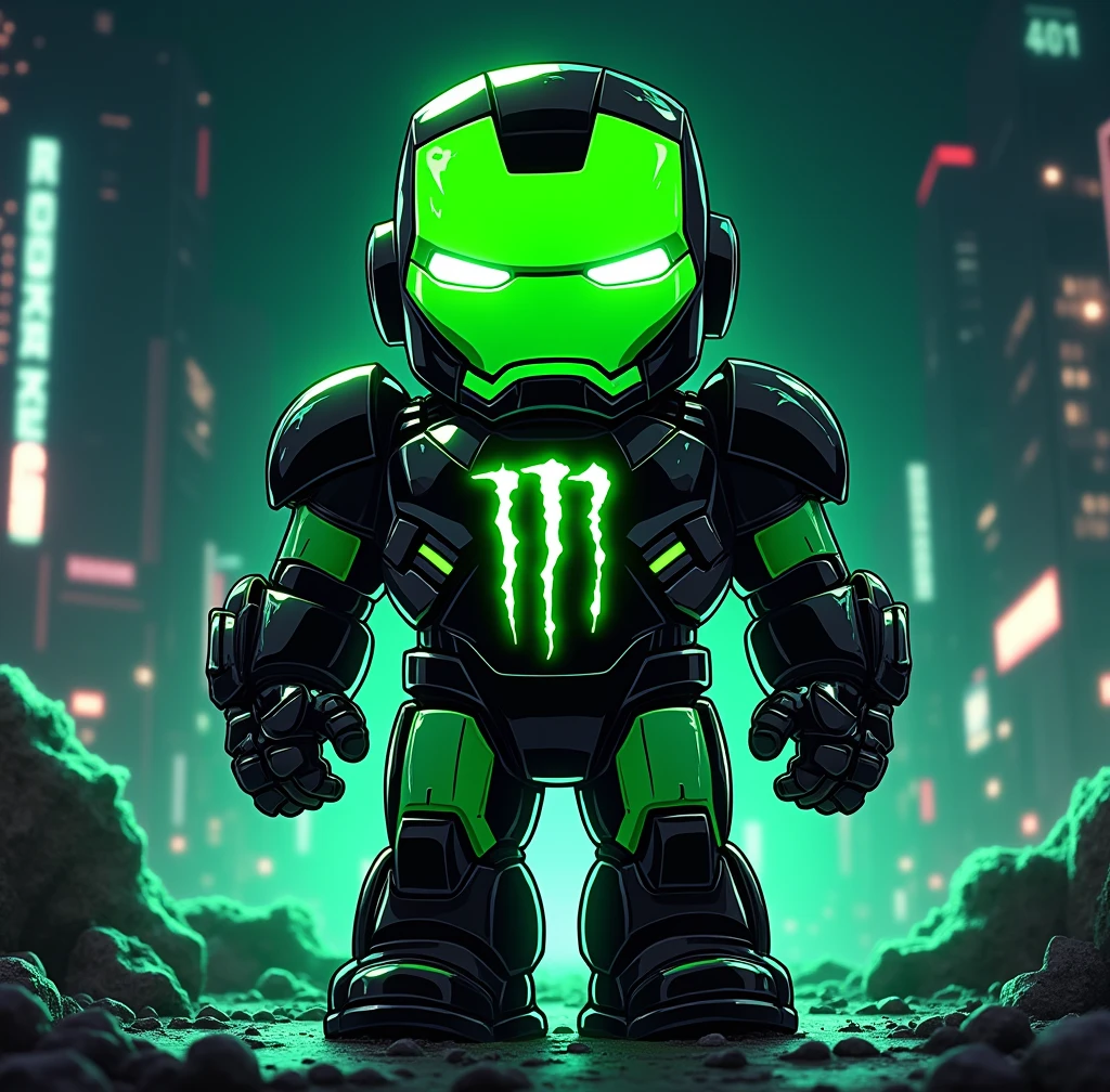 manga comic cartoon of a rounded fluorescent green-black color Iron Man, add monster energy logo , and add the text ¨Rick D´Angle ¨ to the image , totaly night view photo with ultra open wide lens photo technic