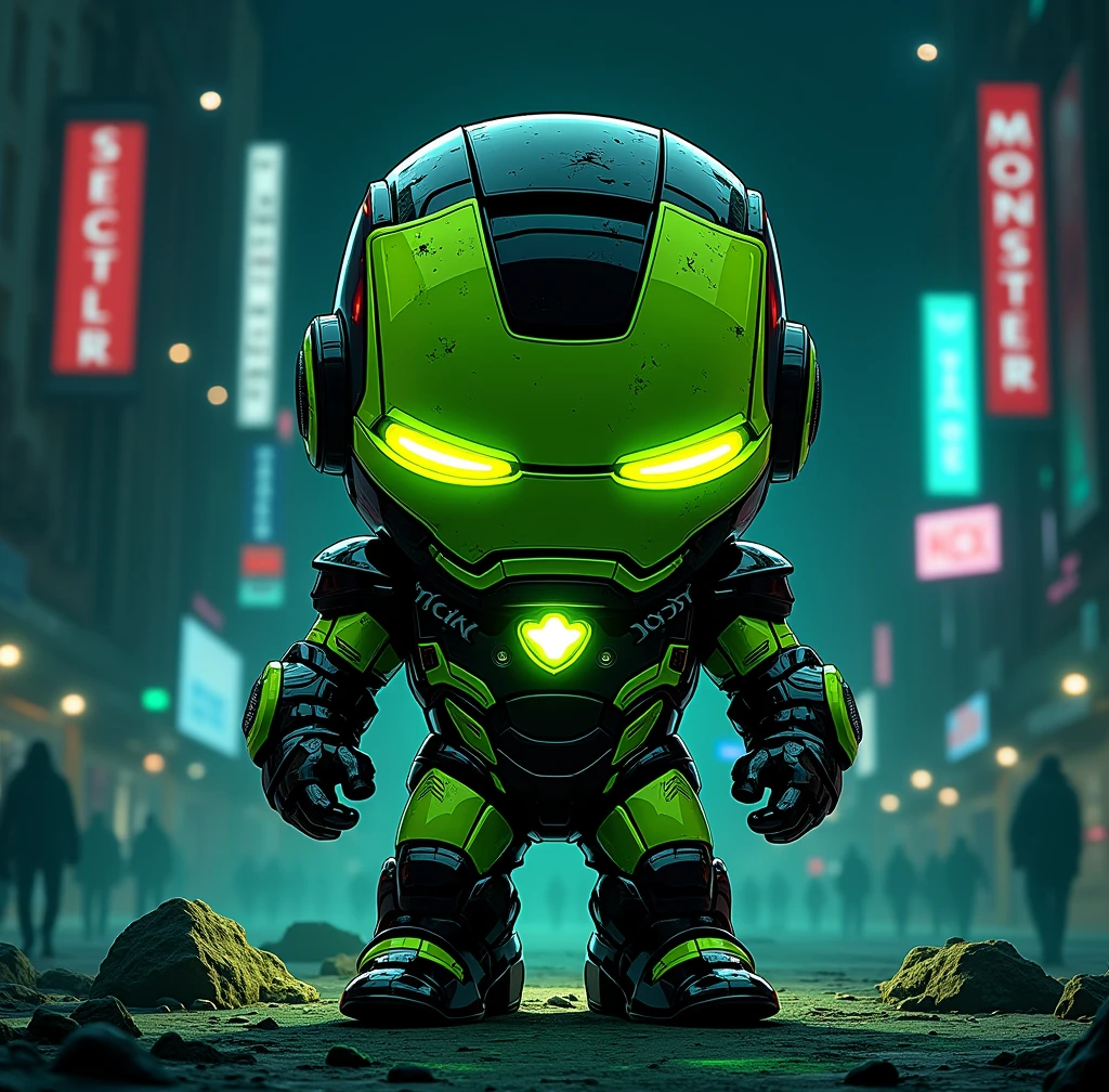 manga comic cartoon of a rounded fluorescent green-black color Iron Man, add monster energy logo , and add the text ¨Rick D´Angle ¨ to the image , totaly night view photo with ultra open wide lens photo technic