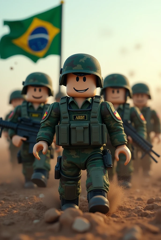 Make a Roblox military soldier photo in a group with a logo written Brazilian Army by Davi with a Brazilian flag in turbulence