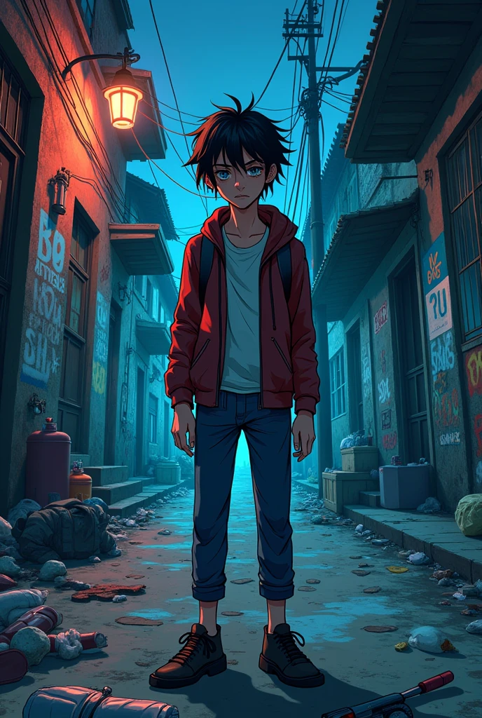 Anime-style drawing of a teenager on the street consuming drugs and alcohol while intoxicated on the streets of Mexico
