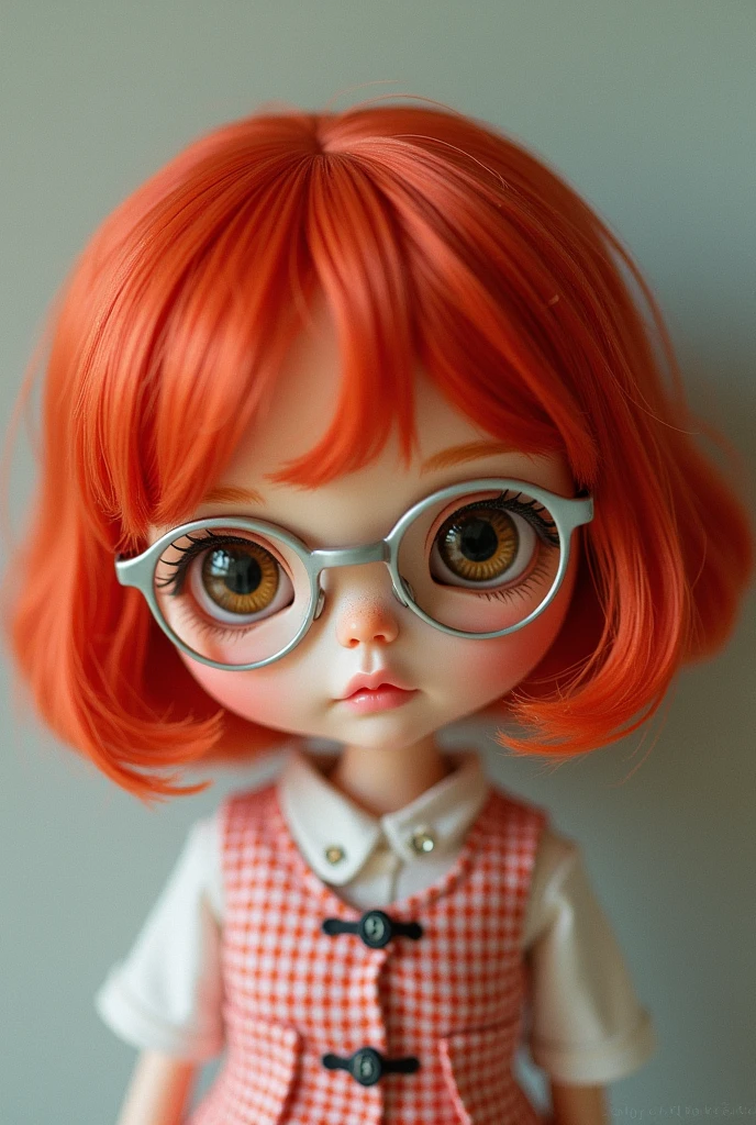 Create a Blythe Doll with dyed red hair, short shoulder length, round silver glasses on the face, Hazel's eyes wide open and with curtain bangs