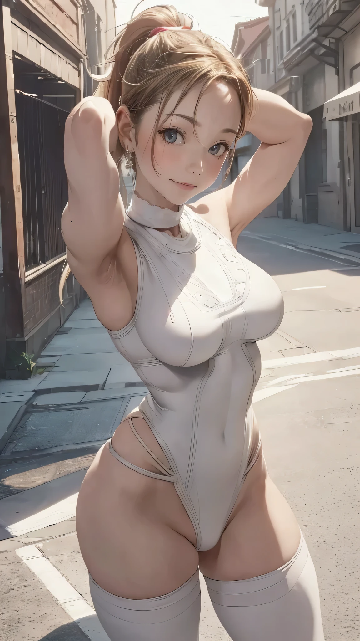 fighting pose,street fighter action image,cammy white costume,(Thin type:1.8),(big breasts),(random hairstyle),(Highest image quality,(8k),ultra-realistic,best quality, high quality, high definition, high quality texture,high detail,beautiful detailed,fine detailed,extremely detailed cg,detailed texture,a realistic representation of the face,masterpiece,Sense of presence)