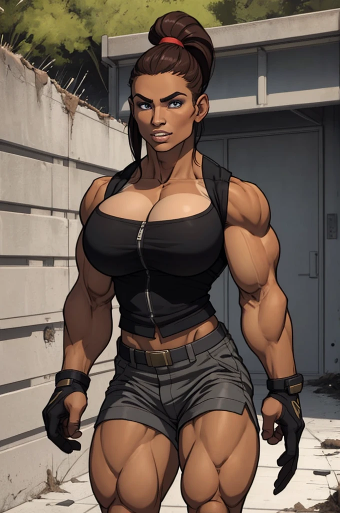 Eating, 40 year old black African woman short curly hair. defined body. defined abs. wearing a black cropped tank top and military pants. He has a black eye. is trapped in a cell. hands behind the back. surrounded by soldiers. is leaning against the bars of the cell. handcuffed at the wrists. scar face. kneeling on the floor in the corner. dripping sweat. It's night. art drawing. full body image. HQ