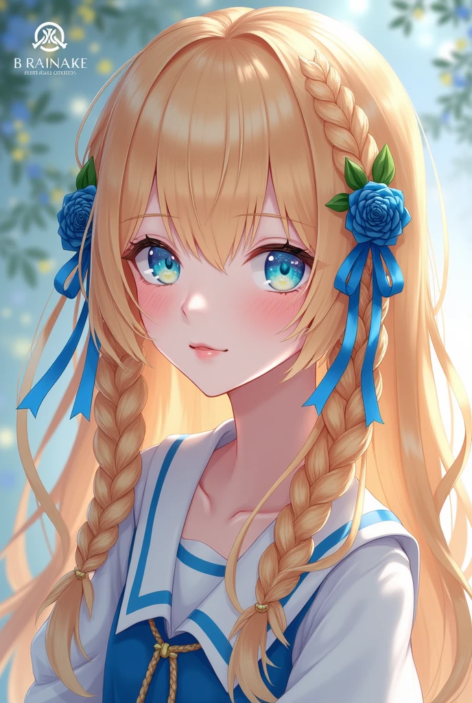 a young girl with long and fine wavy blonde hair, have a two-parted fringe with a hairstyle "short braid on both sides of the top and leave some of the hair down" with each sky blue ribbon and dark blue rose in the braid with the ribbon tails folded, has a blue ruby diamond pattern eye type like athanasia with californian coral gradation underneath has soft and smooth white skin