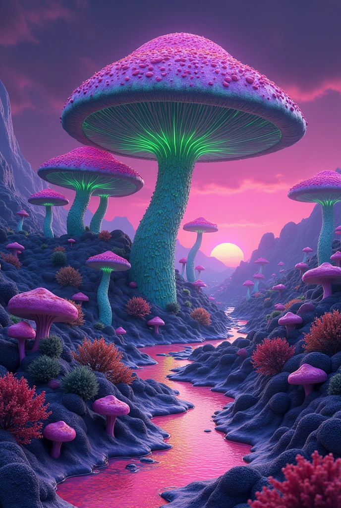 A psychedelic mushroom planet with vibrant purple and green colors