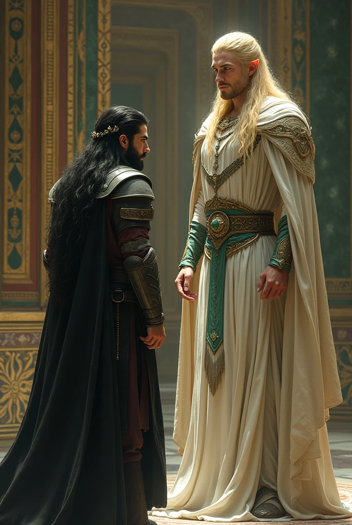 in the royal hall, a young male Warrior, tall, blue eyes, strong chin, long black hair, with the face of actress Lucy Lawless, bowing before the imposing elven king, blond, tall, thin, green eyes, long blond hair , wearing a white tunic with green details and wearing a delicate white crown.