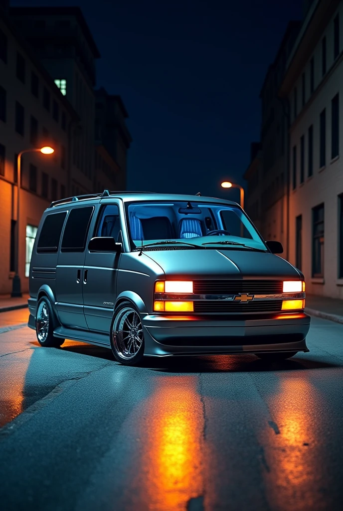Chevrolet Astro 99 gray color 15 chrome rims At night LED lights