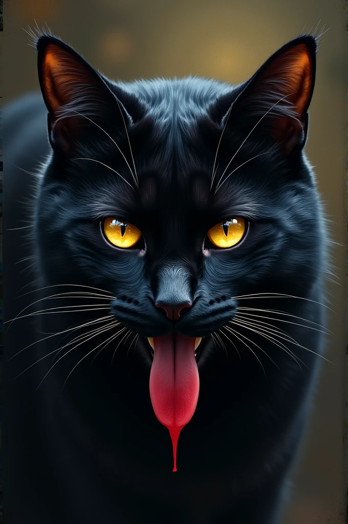 Paint a black cat head with big golden eyes and a red tongue hanging out.