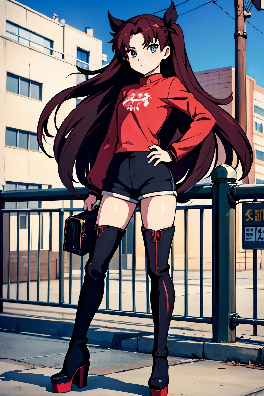 Rin Tohsaka, anime girl, shorts, shirt, boots, platform boots, standing, thigh boots, black boots, high heels, street