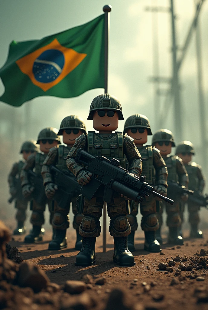Make a photo of Roblox military soldiers in a group with a logo written Brazilian Army of David with a Brazilian flag in turbulence with the name in front written Brazilian Army of David in Portuguese