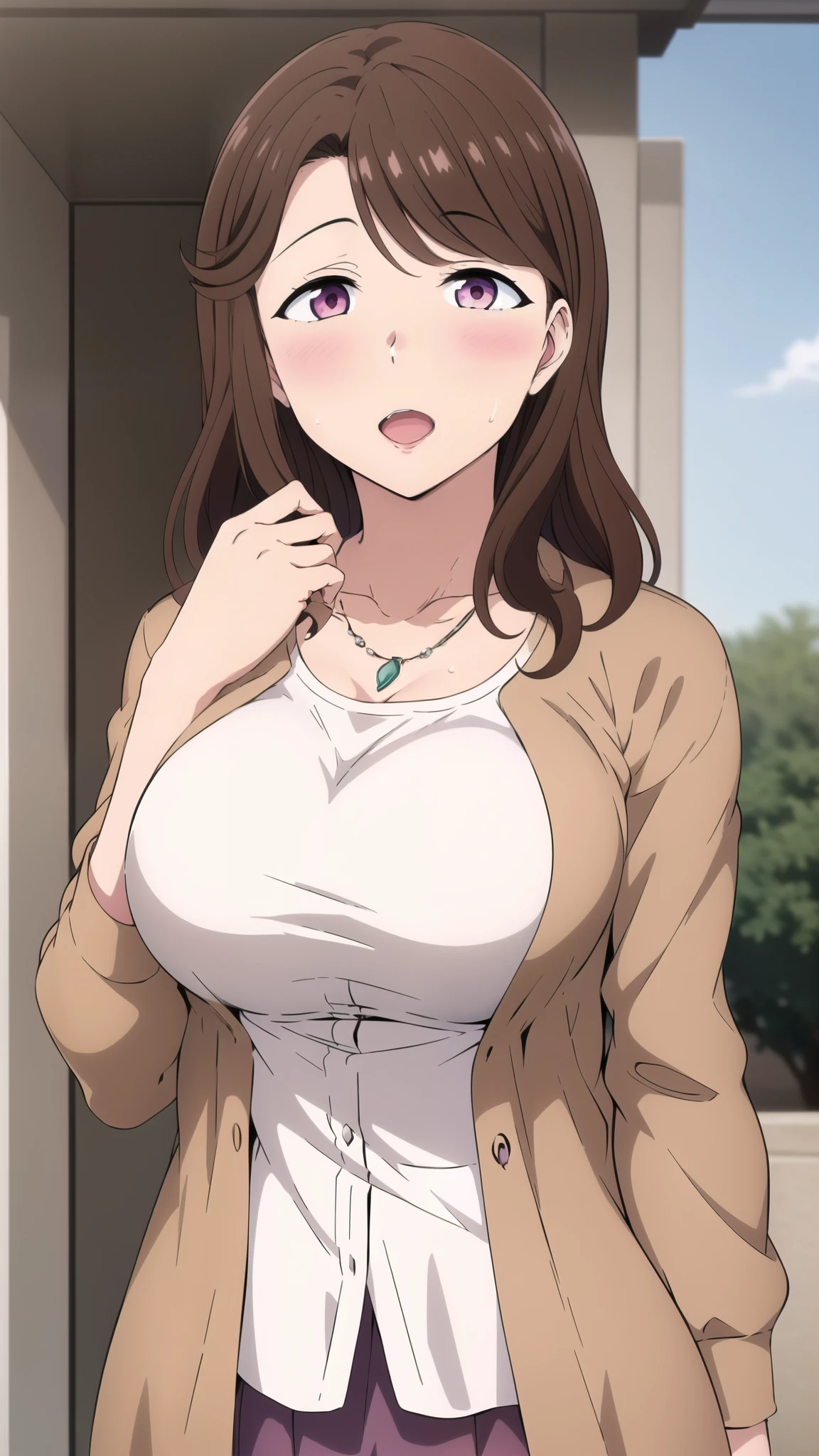 master piece, EMBARRASSED, SHY, 1girl, hand over mouth, breasts, solo, brown hair, pink eyes, PURPLE SKIRT , large breasts, looking at viewer, BLUSH, open mouth, long hair, collarbone, upper body, necklace, white dress, cardigan, brown jacket, , (((white shirt))), outside, park , mature female,(masterpiece: 1.0), (best_quality: 1.0), ultra high resolution, 4K, ultra detailed, photography, 8K, HDR, highres, absurders:1.2, Kodak portra 400, film grain, blurred background, bokeh:1.2, l (vibrant_color:1.2) (Beautiful), (beautiful_face:1.5),(narrow_waist), anime style, sharp focus, professional artwork,trending on pixiv, detailed bold arm lines, high color saturation, bold lines, bold drawing lines), open mouth, (white skin, (fair skin),
