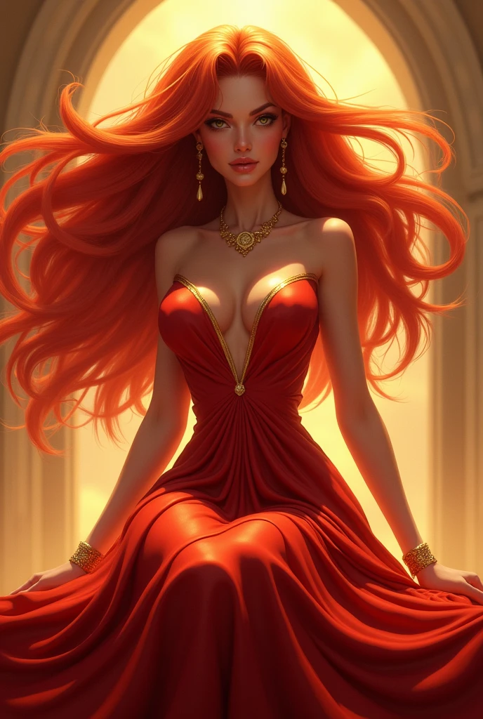 Woman, animated, goddess, bright hair, fierce aura, long flowing red and gold gown, sitting on table, close up, ultra high resolution, 8k, 2d image