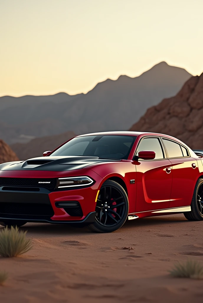 A red Dodge Charger parked in a desert area with mountains in the background, Ambient shot, Edited, Muscle cars, trends in vehicle design, 🕹️ 😎 🔫 🤖 🚬, with an elegant spoiler, It has red and black paint, morning shot, Elegant design, high quality image, shot at golden hour, with elegant lines and a powerful, Vehicle photography