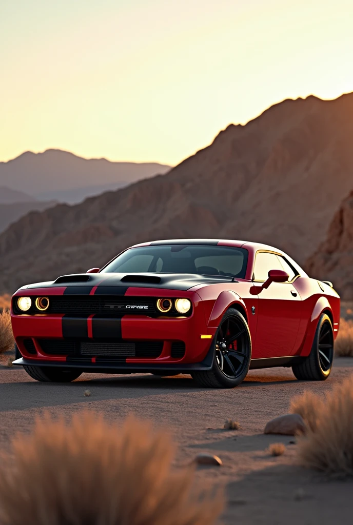 A red Dodge Charger parked in a desert area with mountains in the background, Ambient shot, Edited, Muscle cars, trends in vehicle design, 🕹️ 😎 🔫 🤖 🚬, with an elegant spoiler, It has red and black paint, morning shot, Elegant design, high quality image, shot at golden hour, with elegant lines and a powerful, Vehicle photography