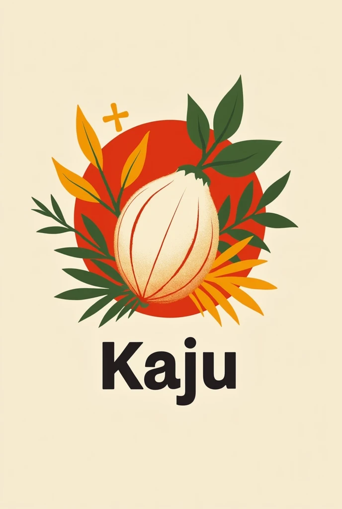 Kaju brand logo using orange and red colors in a simple way with wild flora native to Brazil, highlighting the word kaju and with the cashew fruit in the center.