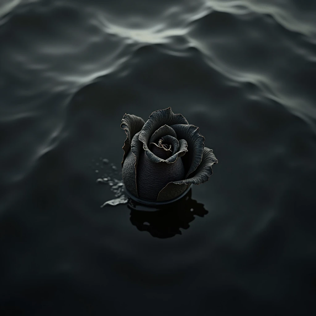 a burnt withering rosebud sinking into the ocean, top down, close up, black and white, 4k, cinematic