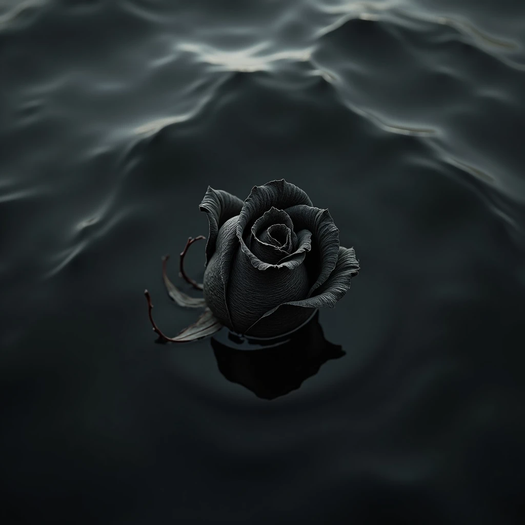 a burnt withering rosebud sinking into the ocean, top down, close up, black and white, 4k, cinematic