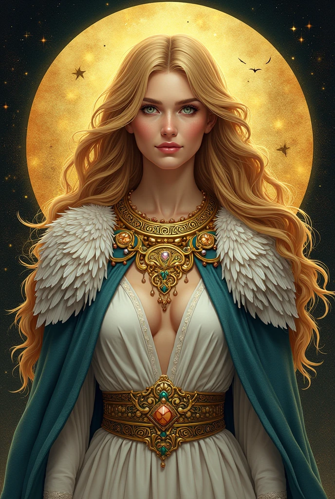 Illustration of the Norse goddess Freyja, cloak made of falcon feathers, elaborate Viking necklace of gold and jewels. Tarot card style.