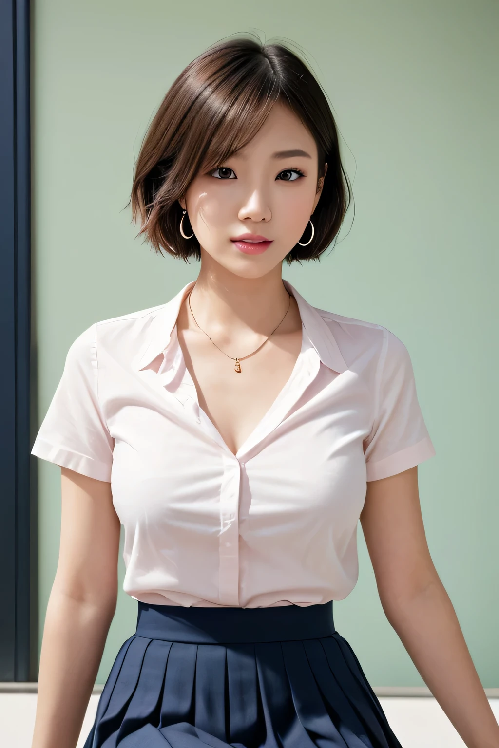 (High resolution、8k:1.3)、masterpiece、(Ultra-realistic as a photo:1.3)、、sexly、Very nice finish、Slender figure、Sharp focus, Ultra High Resolution Face、Highest quality、The face is in focus、Ultra high definition and beautiful eyes、Eyes are symmetrical、High quality and beautiful skin、Firm Skin、Japanese, thin、very cute、、(white short sleeve shirt、Pleated skirt、Ultra mini skirt), Sitting、sexly、Earrings、necklace、Pink wall、Natural Makeup, (blush:1.3), (Embarrassing:1.3)、(View your audience:1.3),short hair, Messy Hair、Navy blue tie、White collared short sleeve shirt、Sitting on a chair、sexly、