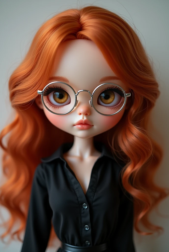 Create a Blythe Doll with red hair dyed just past the shoulder, round silver glasses on the face, eyes open Hazel, without bangs and with a black blouse

