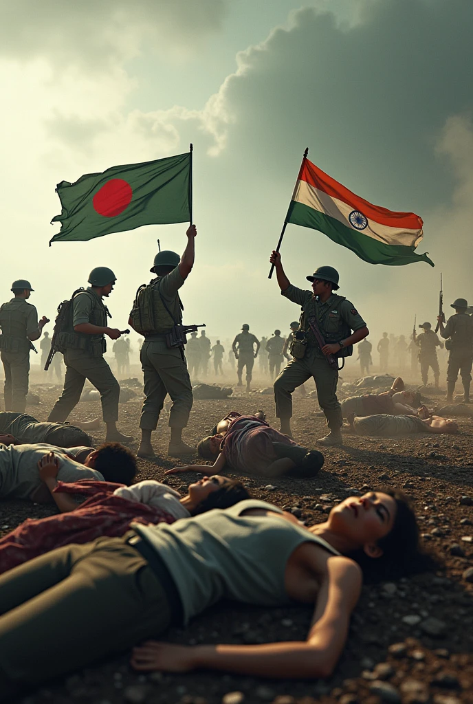 American laptop screen, Bangladeshi people vs Indian people in war against each other, bangladeshi flags on hands 🇧🇩, indian flags on hands🇮🇳, fighting with each other, firing each other on battle ground, dead bodies of civilians