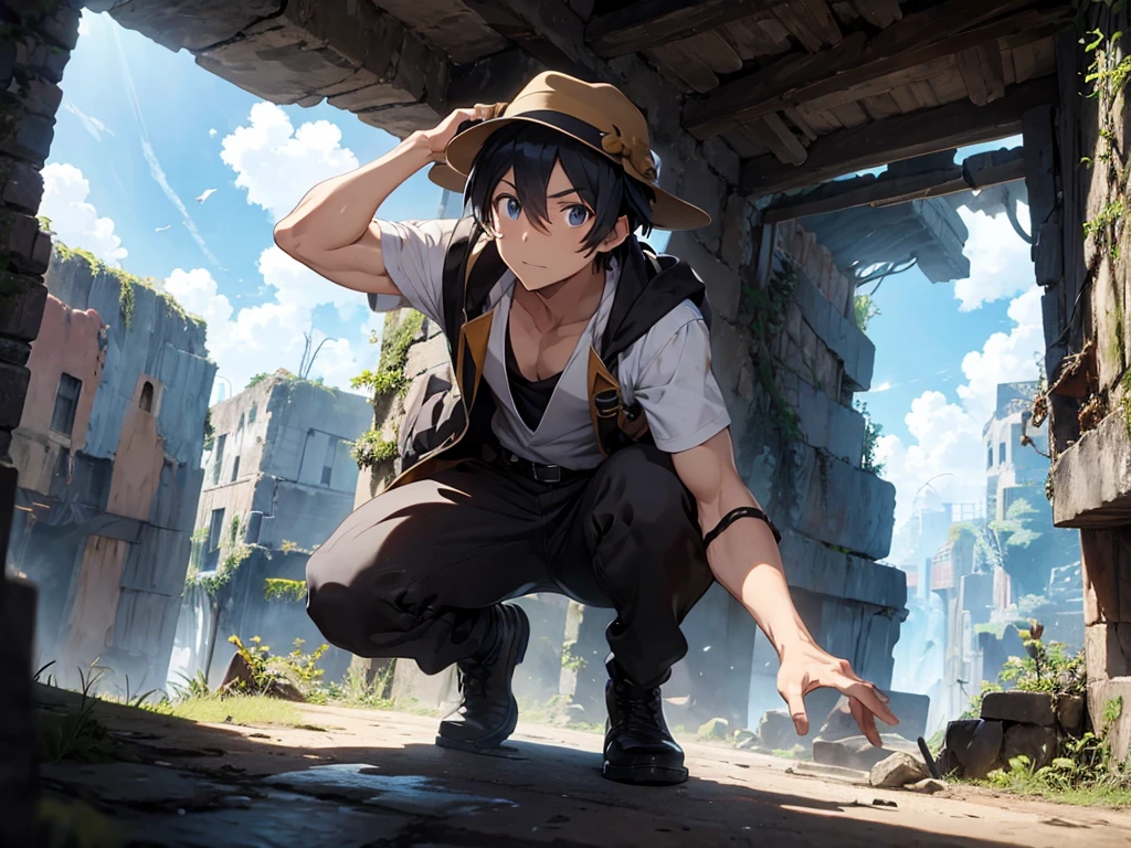anime style male treasure hunter with a hat. ruins and caves. high quality. realistic.