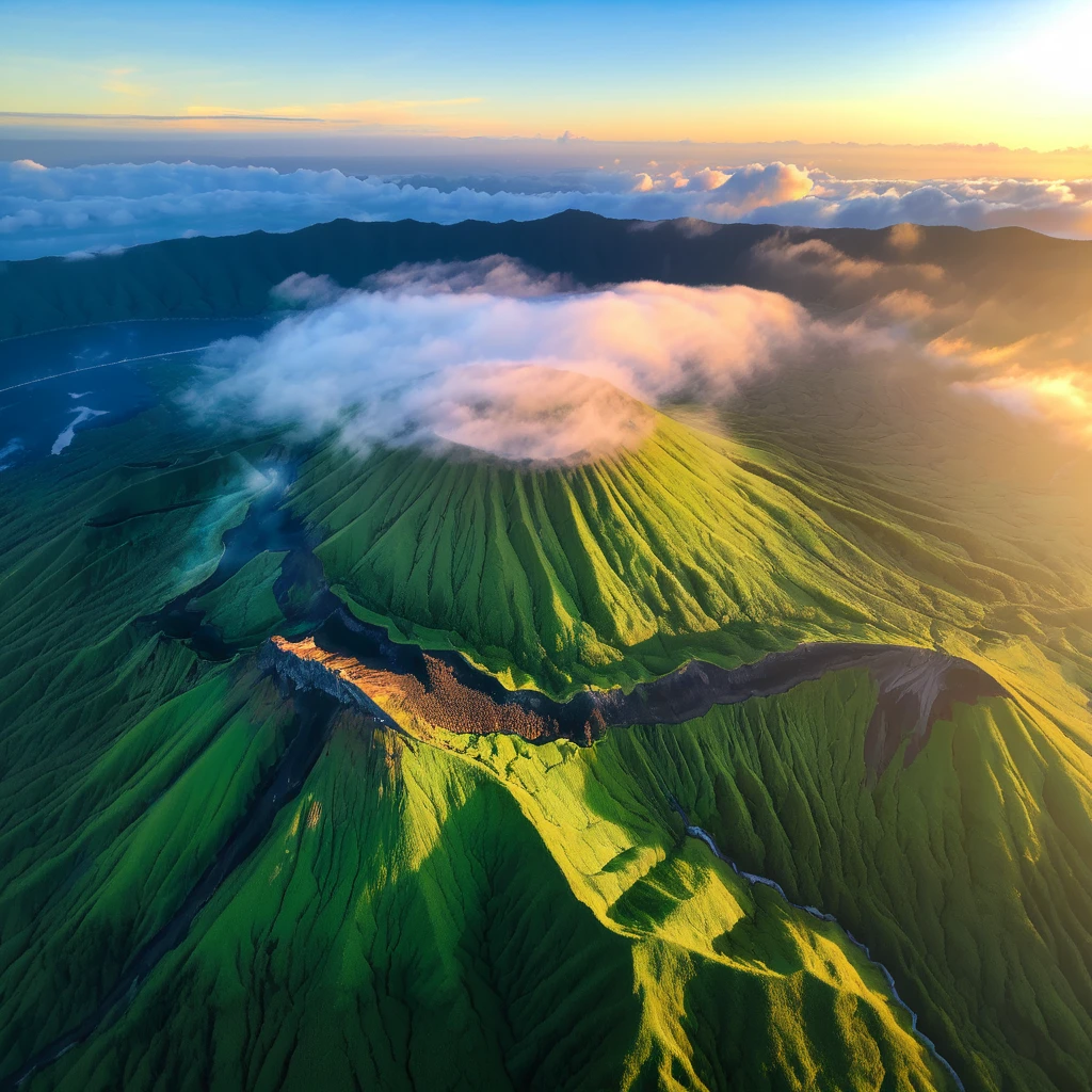Real photo of Mt. Aso at morning taken by drone from above, gorgeous, magnificent, natural, powerful, light in the midnight ((masterpiece, highest quality, 4K))