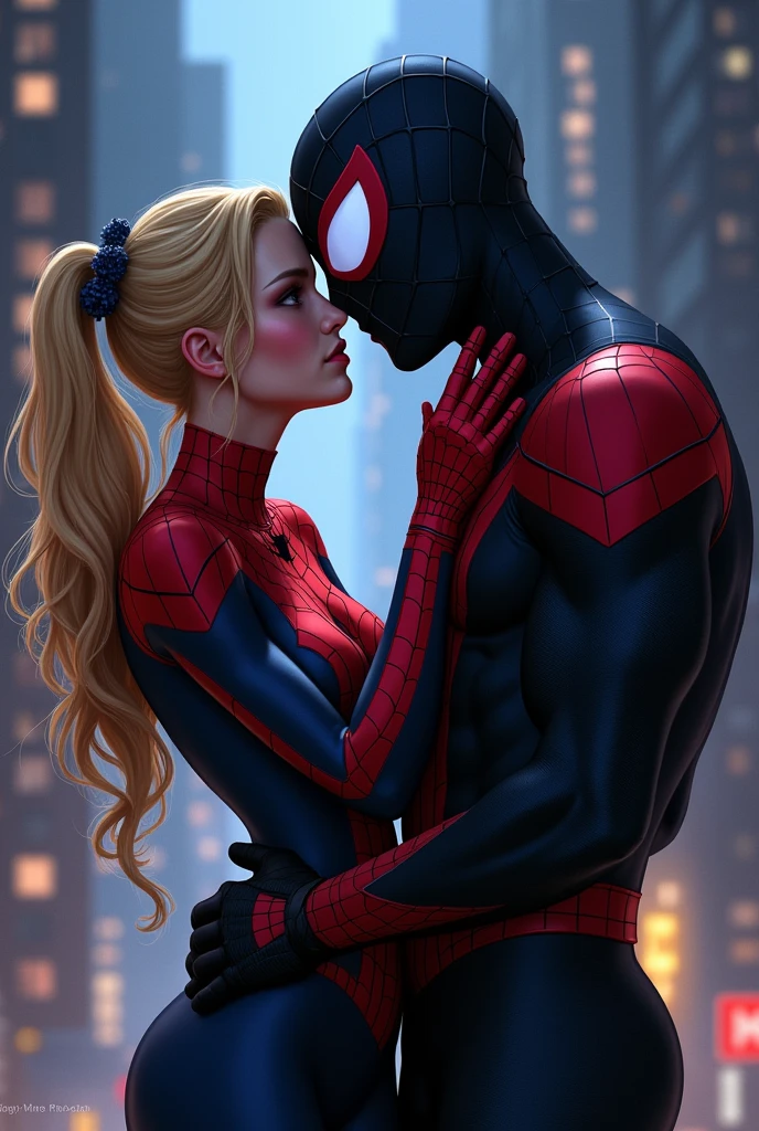 Masked spider girl gwen holding masked spider man miles's cheek
