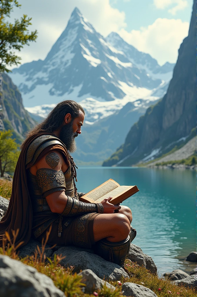 Bronze age man warrior reading the Bible among the mountains 