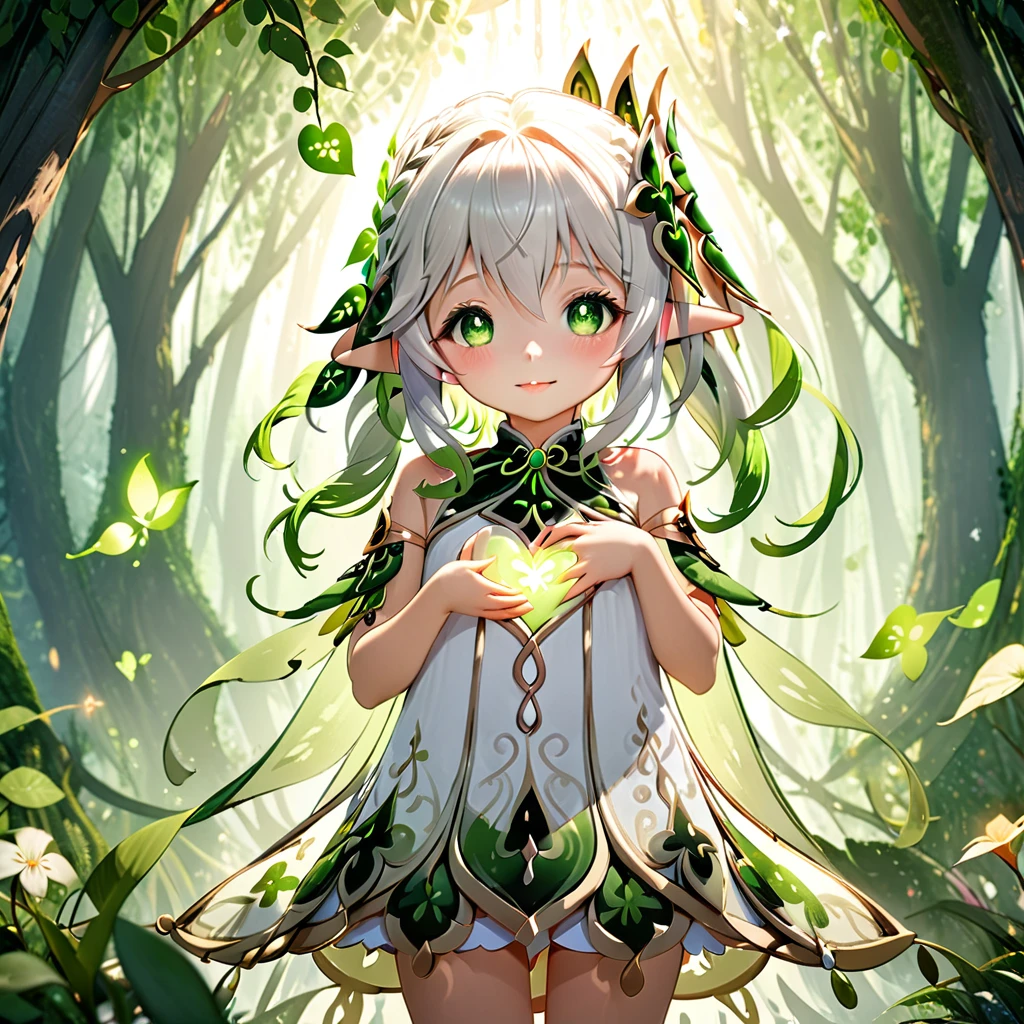 1girl, nahida (genshin impact), best quality, happy, :), With a delicate hand, Nahida gently touches her chest, just above her heart, while a green glow, the Dendro energy, gently rises from her body, enveloping her in a soft light. This energy, like an ethereal dance, blends harmoniously with the subtle glimmers of light filtering through the leaves, creating an atmosphere of magic and serenity in the forest. The natural environment around her seems to come alive in response to her presence, with the leaves of the trees rustling softly in the wind and tiny glints of light dancing among the branches. It is as if Nahida is in perfect harmony with the forest, a calm and powerful reflection of the vital energy that flows through all things. with a great natural power of green, nahida creates a heart with her elemental magic, , navel, dress lift, deep navel, looking down, belly, hand on own belly,