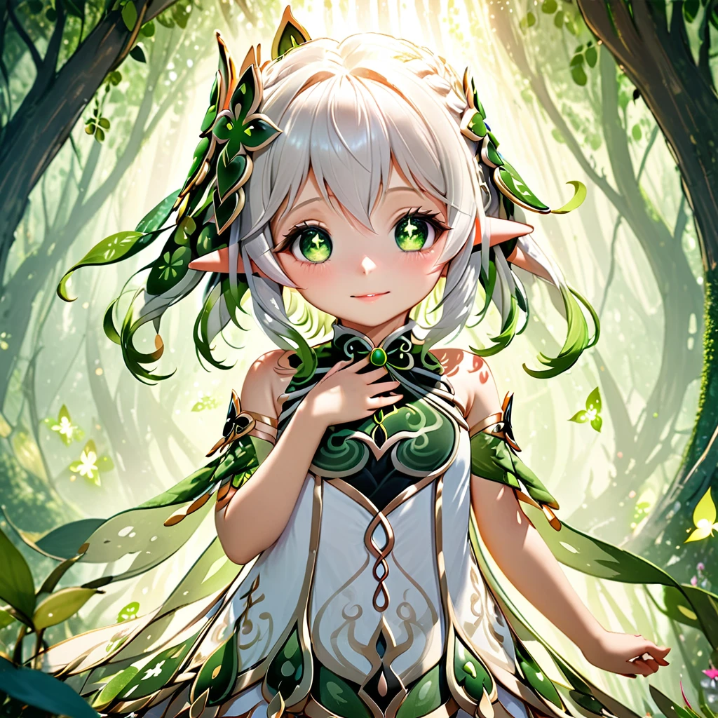 1girl, nahida (genshin impact), best quality, happy, :), With a delicate hand, Nahida gently touches her chest, just above her heart, while a green glow, the Dendro energy, gently rises from her body, enveloping her in a soft light. This energy, like an ethereal dance, blends harmoniously with the subtle glimmers of light filtering through the leaves, creating an atmosphere of magic and serenity in the forest. The natural environment around her seems to come alive in response to her presence, with the leaves of the trees rustling softly in the wind and tiny glints of light dancing among the branches. It is as if Nahida is in perfect harmony with the forest, a calm and powerful reflection of the vital energy that flows through all things. with a great natural power of green, nahida creates a heart with her elemental magic, , navel, dress lift, deep navel, looking down, belly, hand on own belly,