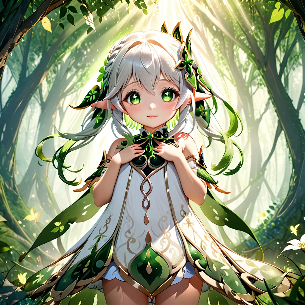 1girl, nahida (genshin impact), best quality, happy, :), With a delicate hand, Nahida gently touches her chest, just above her heart, while a green glow, the Dendro energy, gently rises from her body, enveloping her in a soft light. This energy, like an ethereal dance, blends harmoniously with the subtle glimmers of light filtering through the leaves, creating an atmosphere of magic and serenity in the forest. The natural environment around her seems to come alive in response to her presence, with the leaves of the trees rustling softly in the wind and tiny glints of light dancing among the branches. It is as if Nahida is in perfect harmony with the forest, a calm and powerful reflection of the vital energy that flows through all things. with a great natural power of green, nahida creates a heart with her elemental magic, , navel, dress lift, deep navel, looking down, belly, hand on own belly,