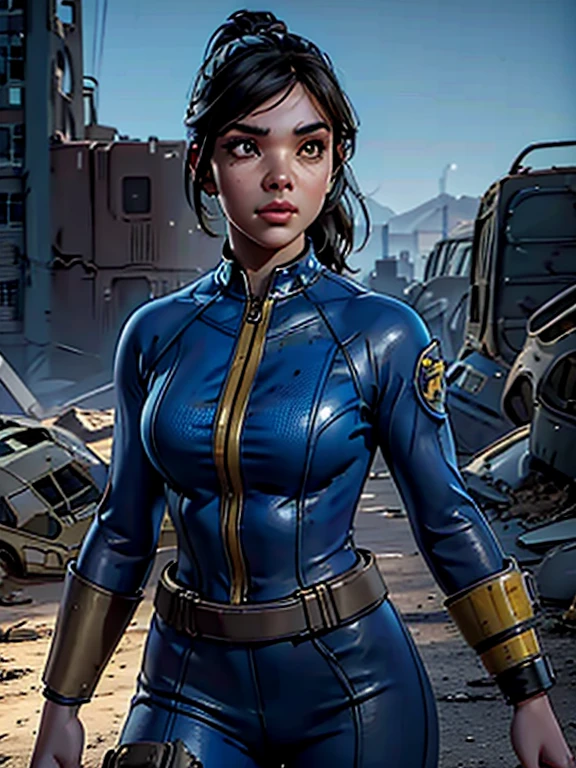 1girl, a girl in a fallout vault wearing a dark blue and yellow Fallout vault jumpsuit, pip-boy 3000, ponytail brunette hair, round breasts, cleavage visible, post-apocalyptic, nuclear wasteland, desolate, ruined city, dramatic lighting, cinematic, photorealistic, 8k, hyper detailed, masterpiece, beautiful detailed face, beautiful detailed eyes, beautiful detailed lips, beautiful detailed nose, vaultsuit