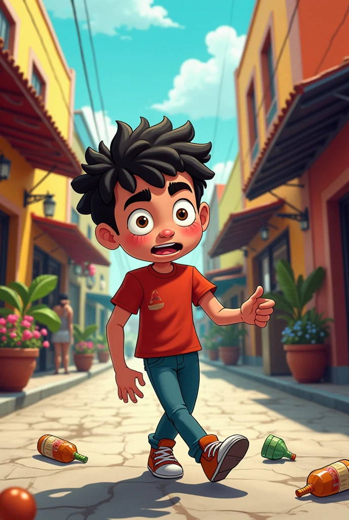 Cartoon-like drawing of a ager on the street consuming drugs and alcohol while intoxicated on the streets of Mexico