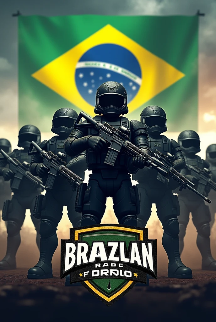 Make a photo of Roblox military soldiers in a group with a logo written Brazilian Army of David with a Brazilian flag in turbulence with the name in front written Brazilian Army of David in Portuguese with the name in front written Brazilian Army of David in Portuguese 