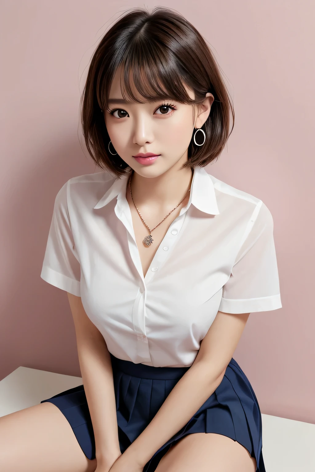 (High resolution、8k:1.3)、masterpiece、(Ultra-realistic as a photo:1.3)、、sexly、Very nice finish、Slender figure、Sharp focus, Ultra High Resolution Face、Highest quality、The face is in focus、Ultra high definition and beautiful eyes、Eyes are symmetrical、High quality and beautiful skin、Firm Skin、Japanese, thin、very cute、、(white short sleeve shirt、Pleated skirt、Ultra mini skirt), Sitting、sexly、Earrings、necklace、Pink wall、Natural Makeup, (blush:1.3), (Embarrassing:1.3)、(View your audience:1.3),short hair, Messy Hair、Navy blue tie、White collared short sleeve shirt、Sitting on a chair、sexly、