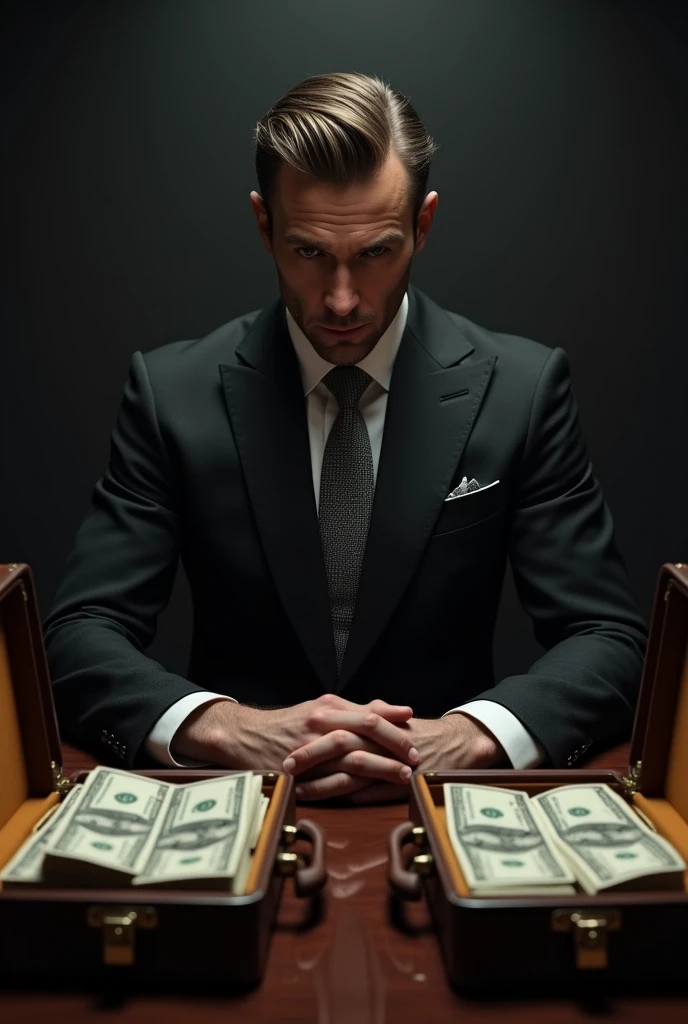 A man in a black suit, gravata cinza, with two suitcases of money open on the table