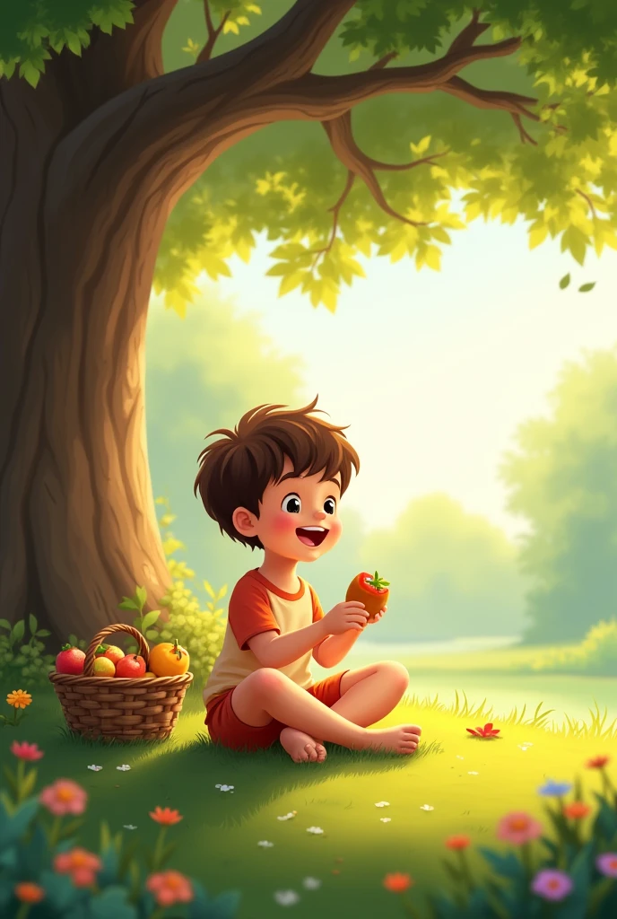 CHILD EATING HEALTHY, summer, UNDER A TREE,