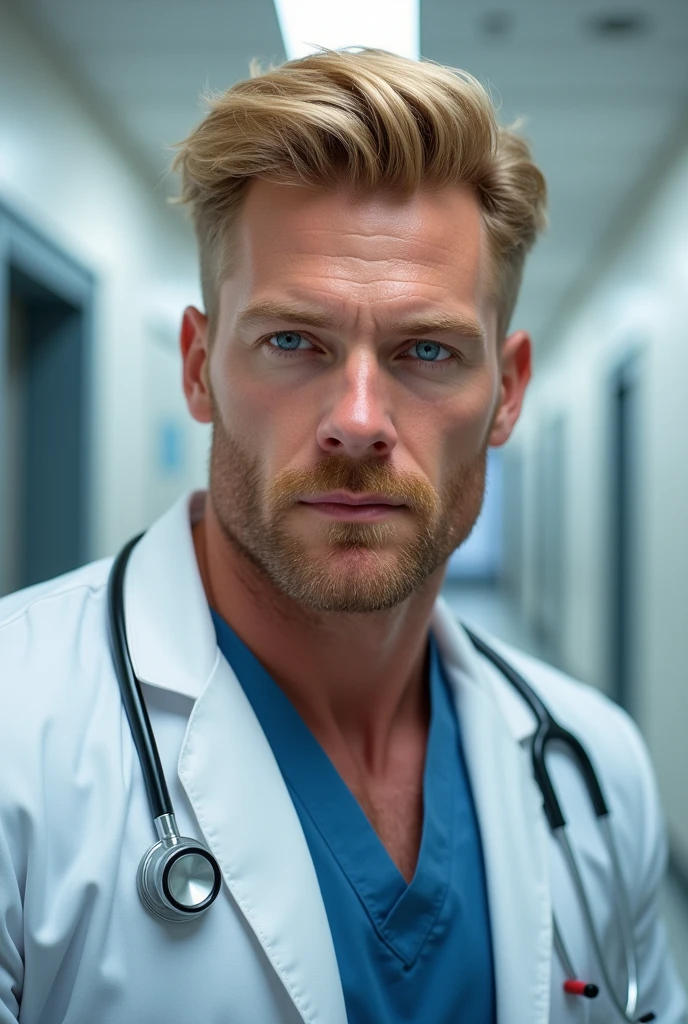 Blonde haired man, blue colored eyes, brawny, doctor.