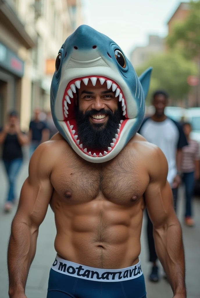 Strong, hairy, bearded mixed race man, smiling, with a shark head costume on his head, with navy blue underwear with “MOCANO” written in large capital letters on the elastic of the underwear, with a curious man watching nearby.