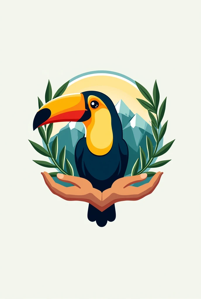 Create me a logo that has the following: Toucan, mountains, an olive branch, some hands and the name of Asoturcom Vms